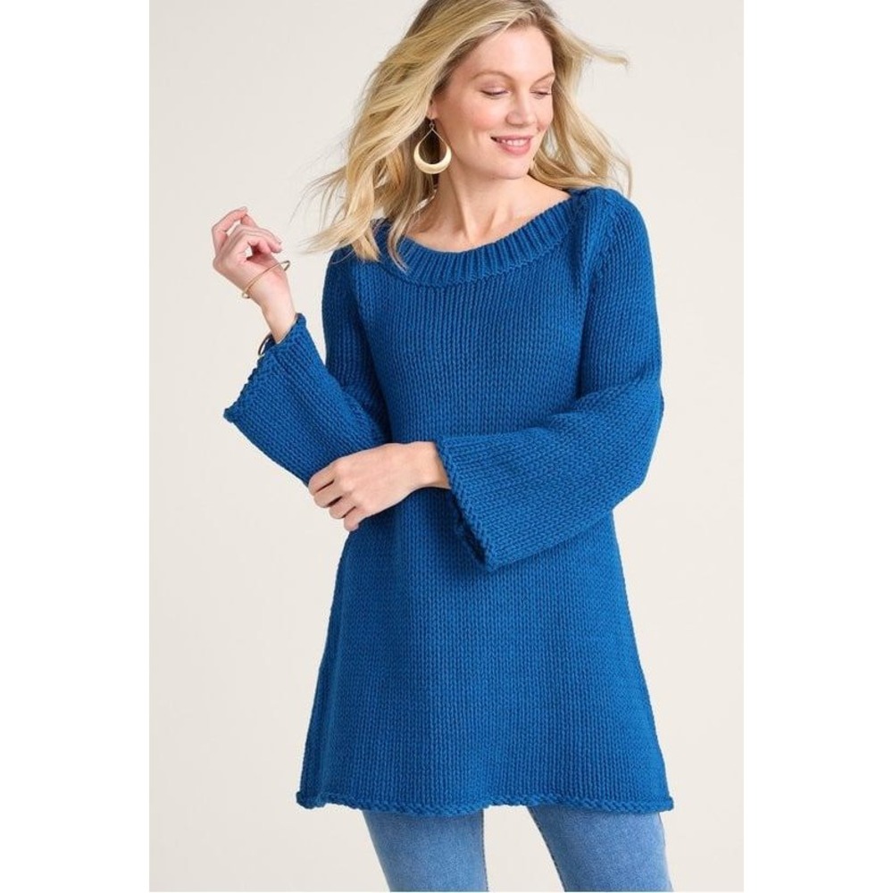 Soft Surroundings Blue‎ Chunky Shaker Knit Bell Sleeve Sweater XL Seafarer Boho